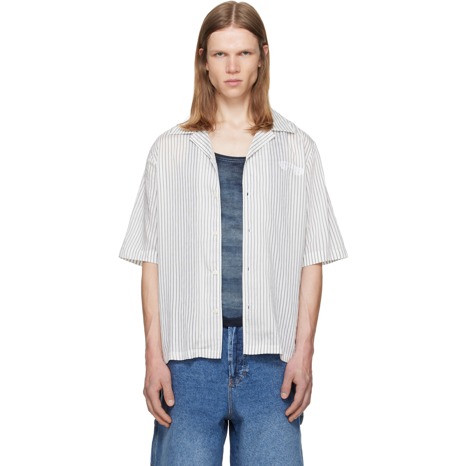 Diesel White & Gray Half-Sleeve Pinstripe Modal Shirt