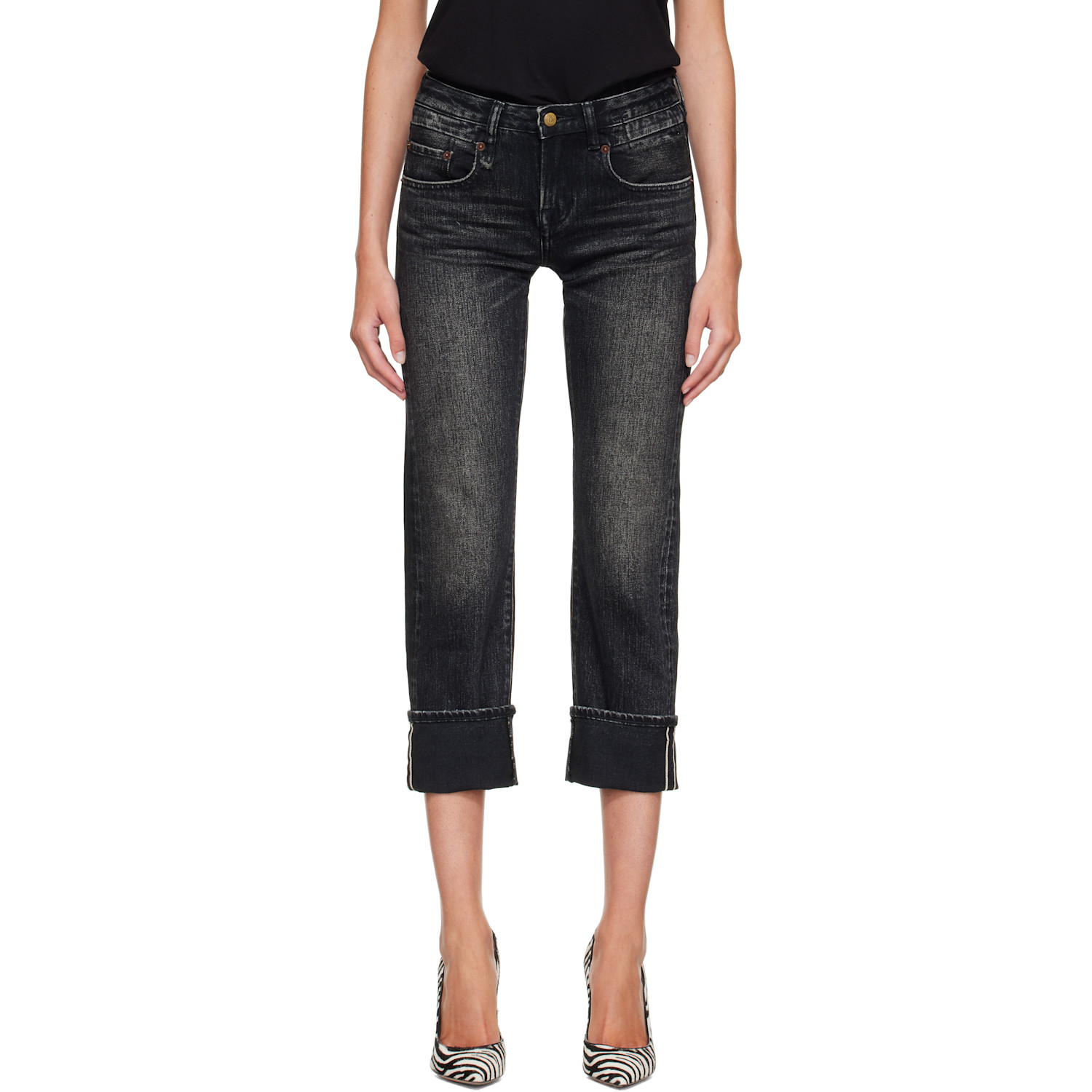 R13 Black Cuffed Boy Straight Jeans
