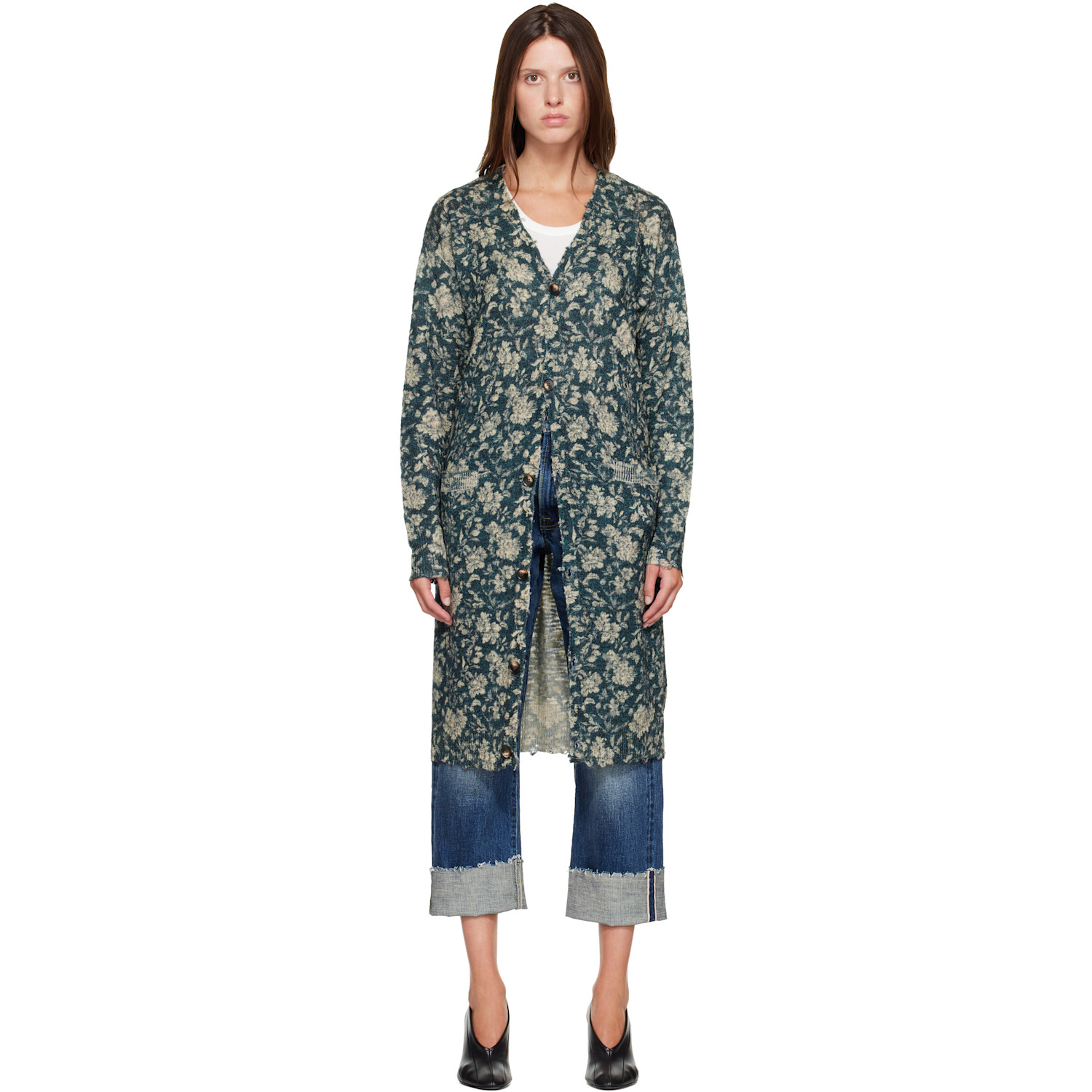 R13 Navy Printed Long Cardigan In Dark Blue Floral
