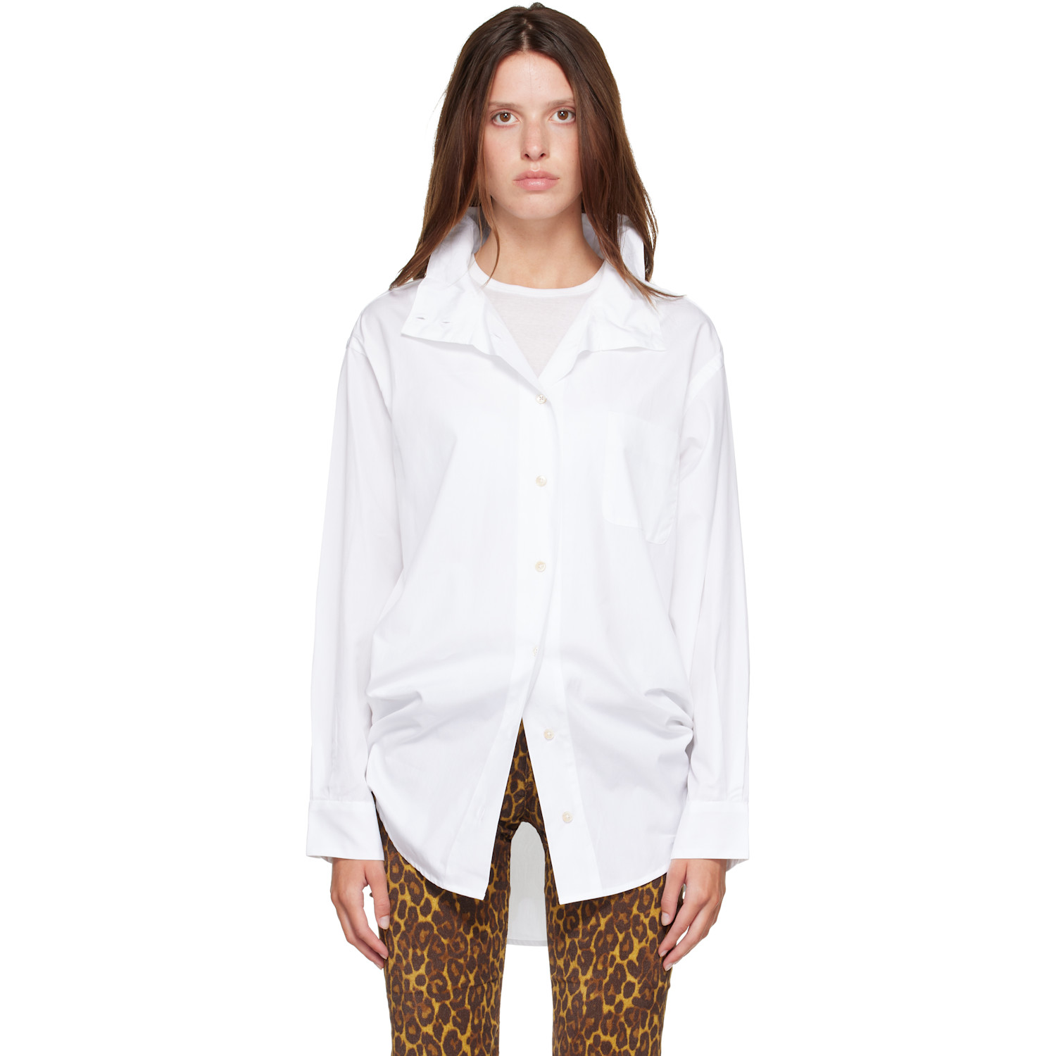 R13 White Tall Collar Boyfriend Button Up Shirt