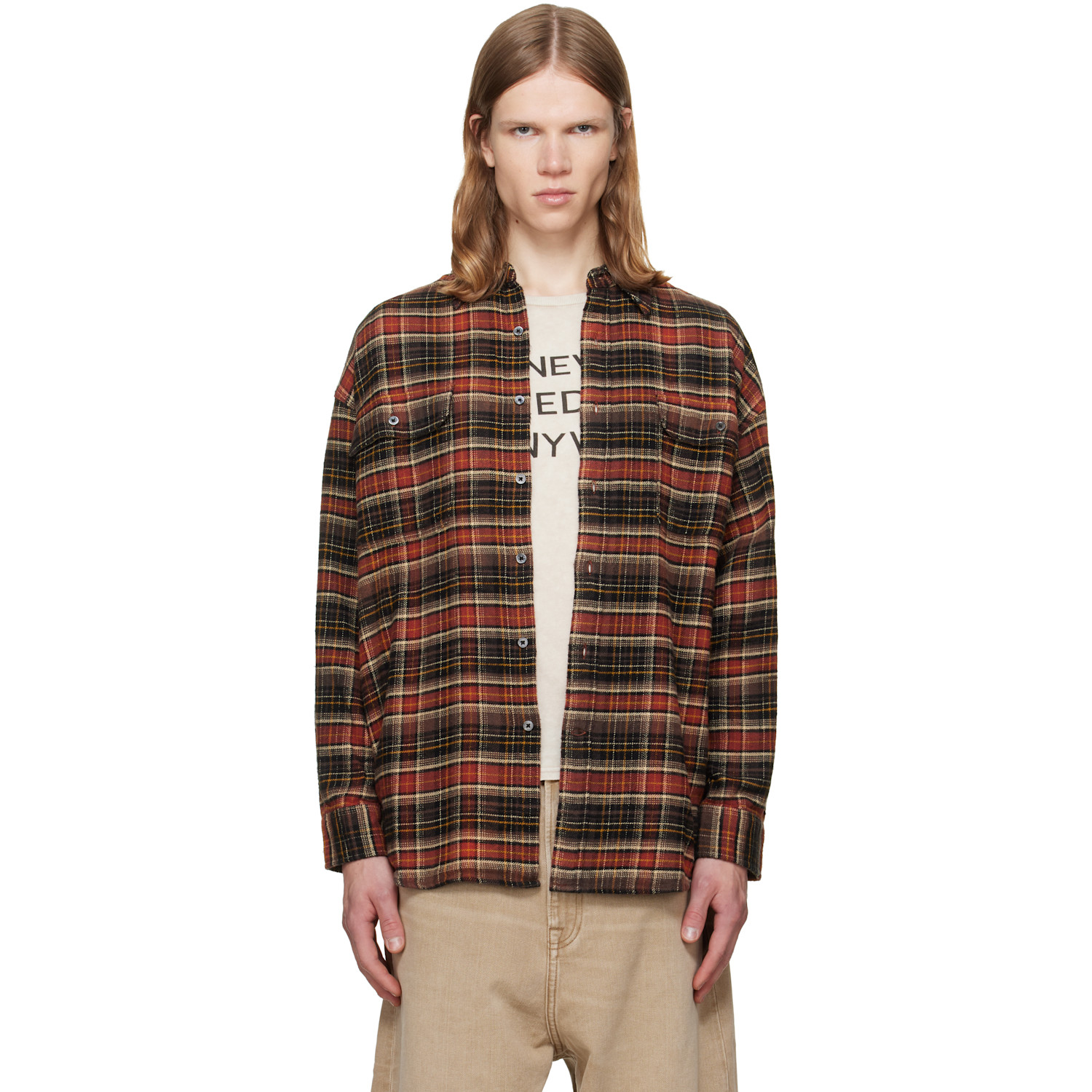 R13 Brown Boyfriend Shirt In Browndarkgreyplaid