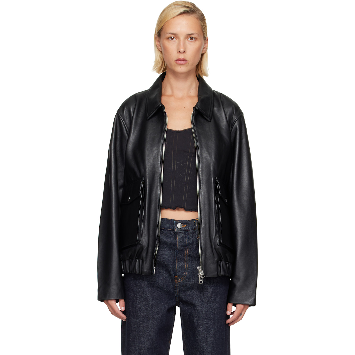 Citizens of Humanity Black Zip Front Leather Bomber Jacket