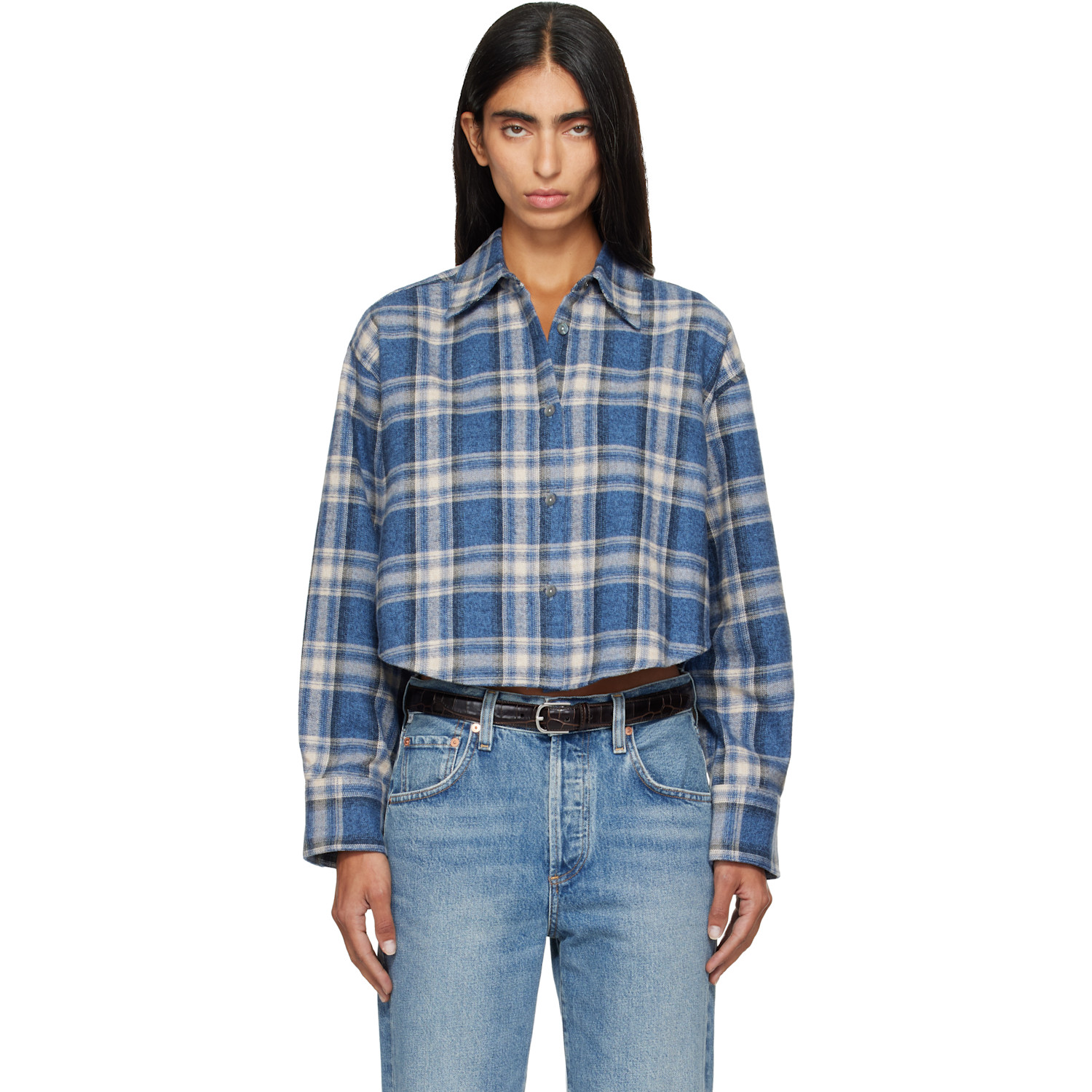 Citizen Of Humanity Navy & Off-white Ana Cropped Shirt In Marina Plaid (md Blu