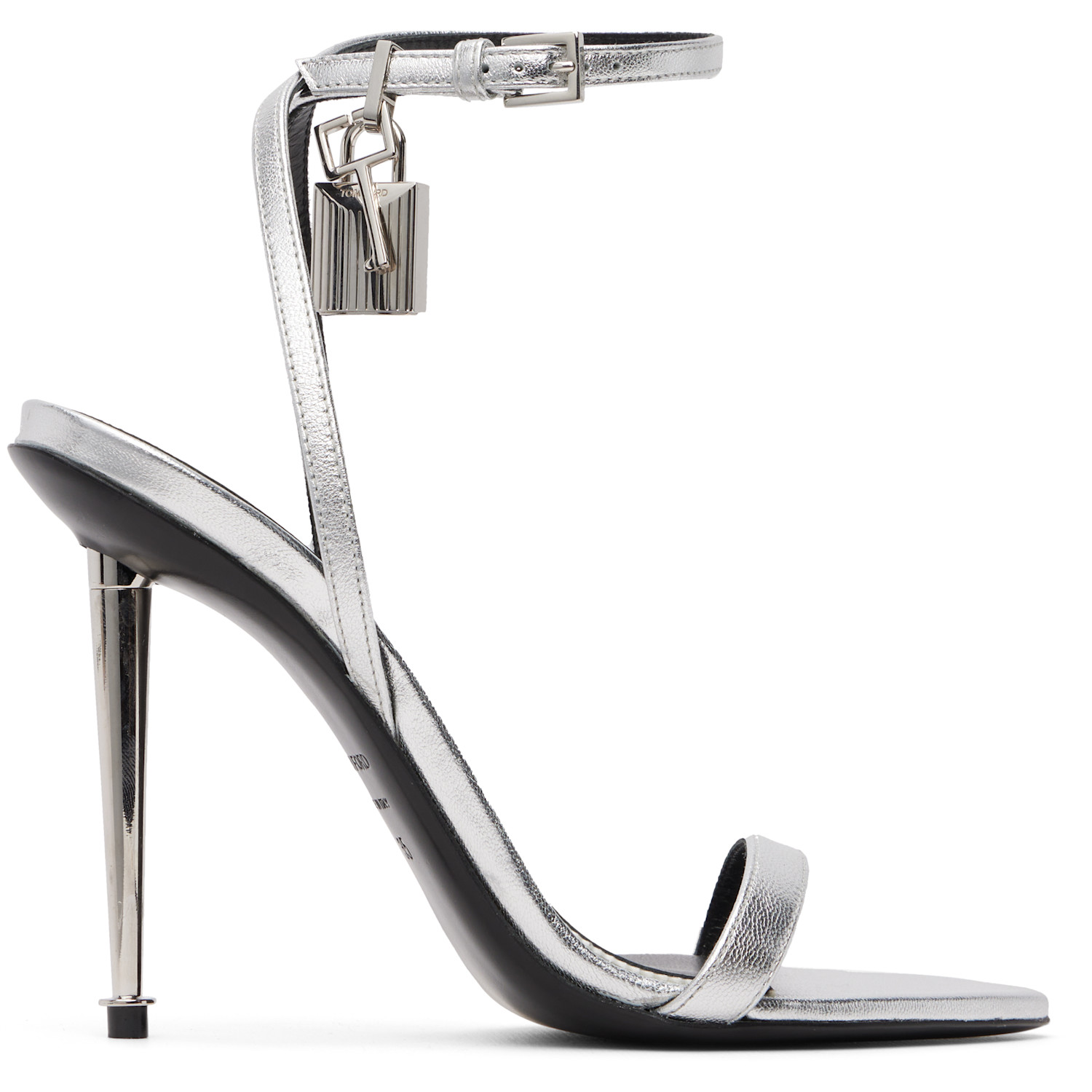 TOM FORD Silver Laminated Padlock Pointy Naked Heeled Sandals