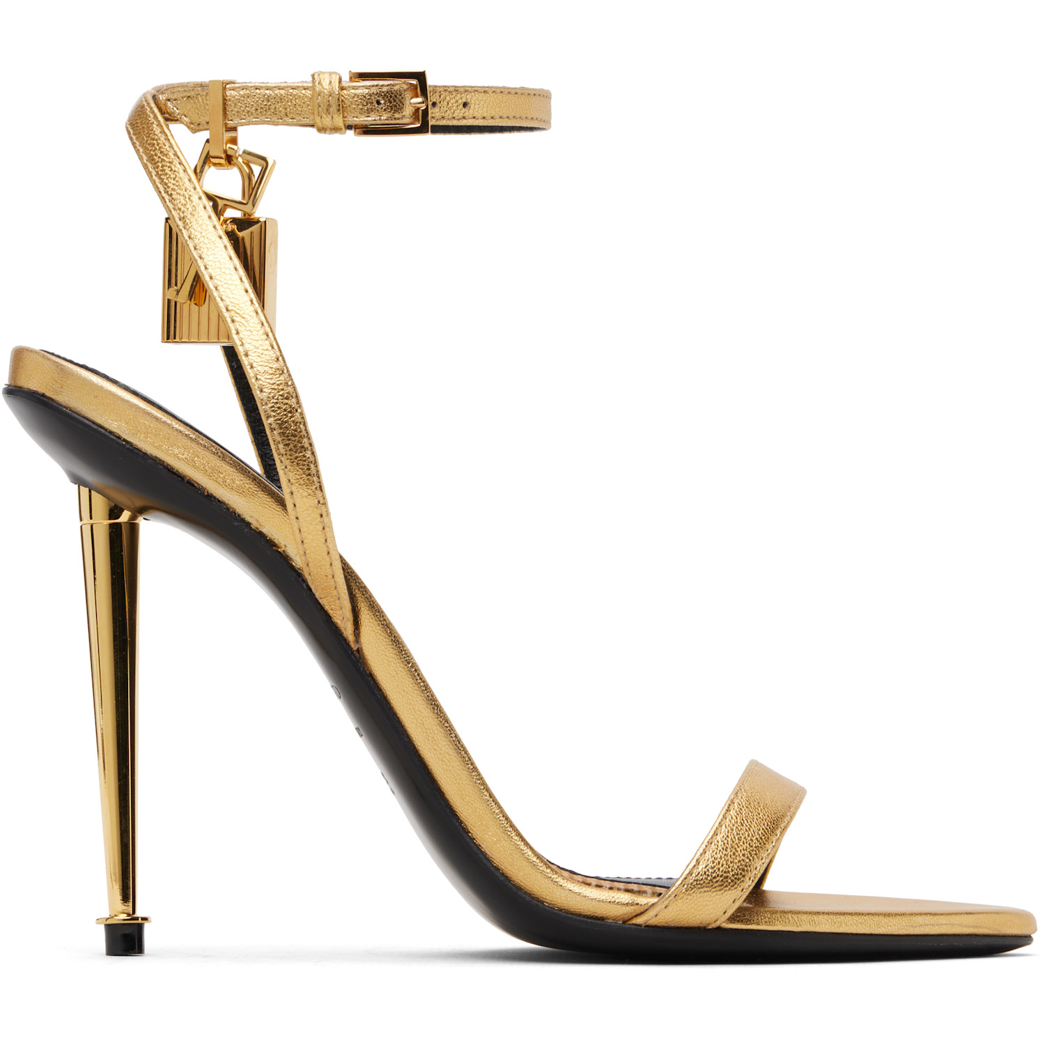 TOM FORD Gold Laminated Padlock Pointy Naked Heeled Sandals
