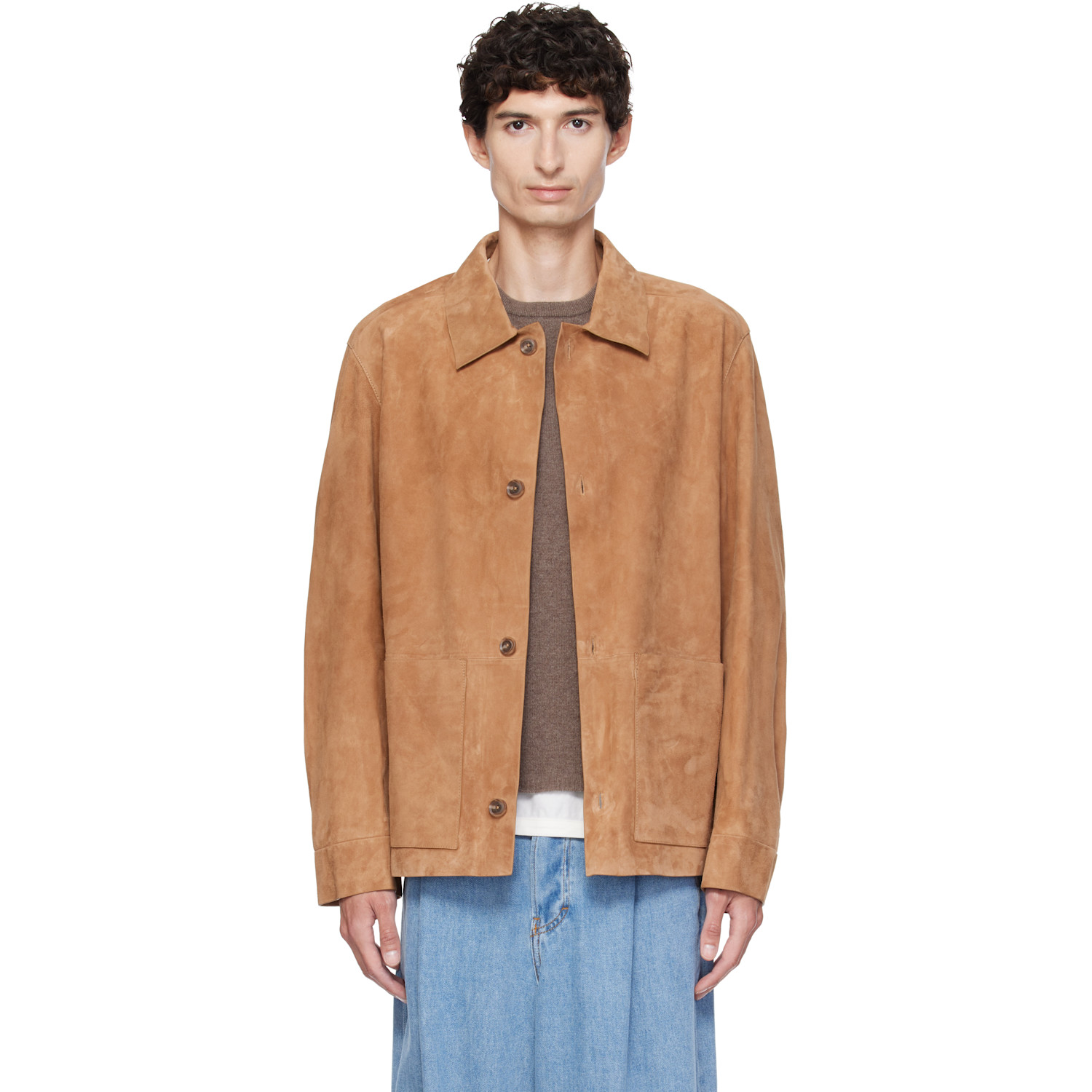 BOSS Tan Button-Up Suede Checkered Lining Leather Jacket