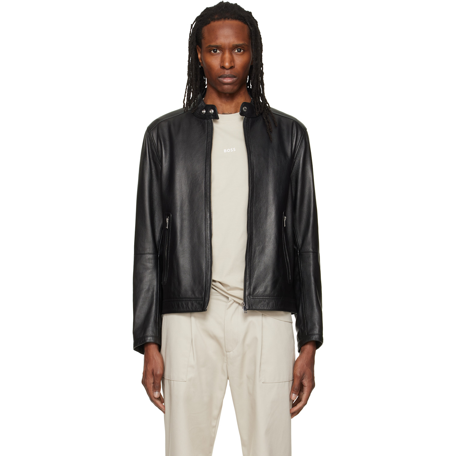 BOSS Black Logo Trim Grained Leather Jacket