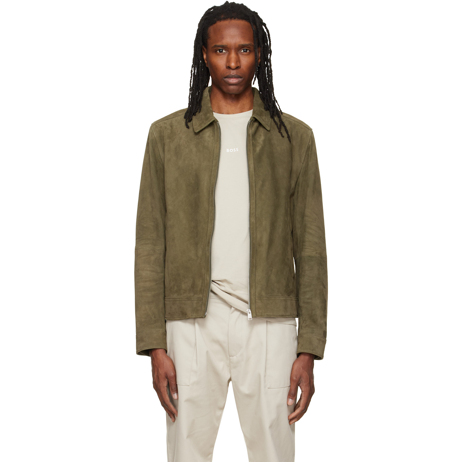 BOSS Khaki Zipper Closure Suede Jacket