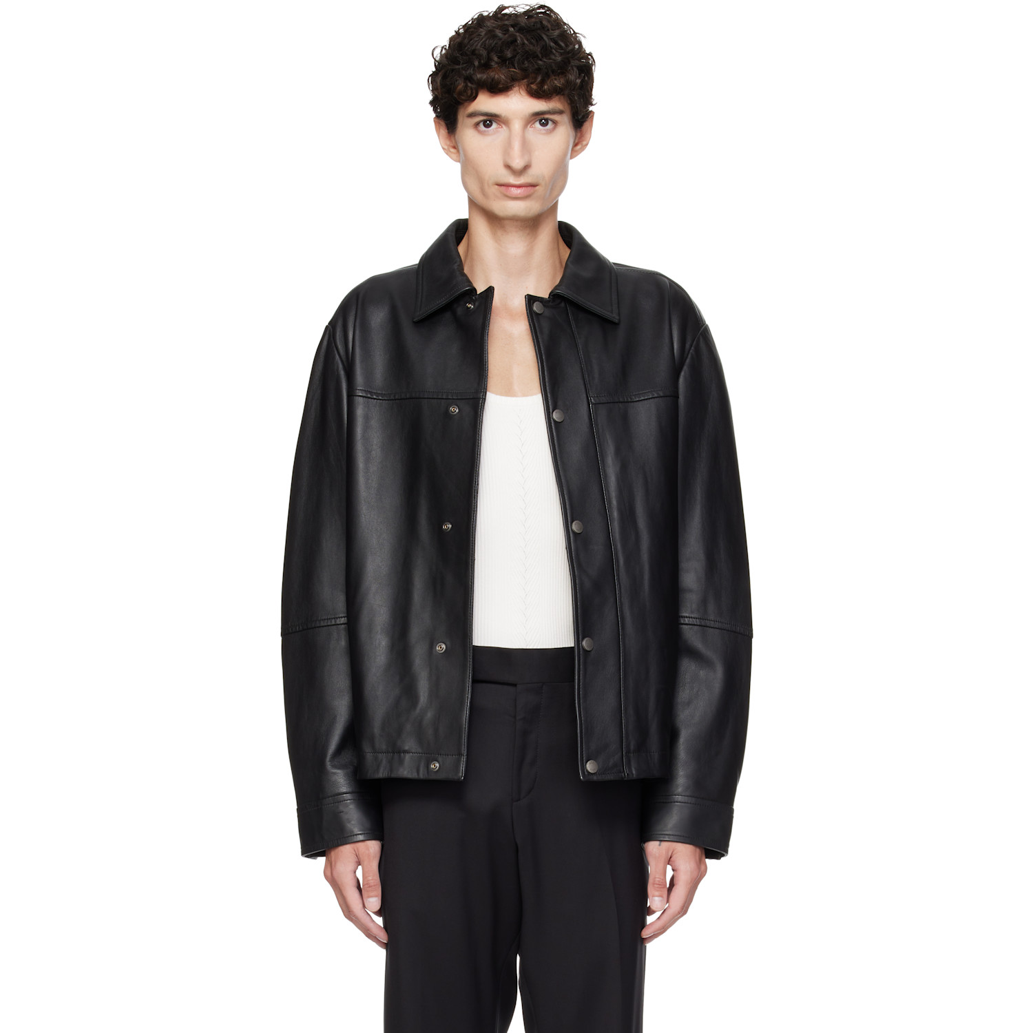 BOSS Black Regular-Fit Metal Logo Buttons Leather Jacket