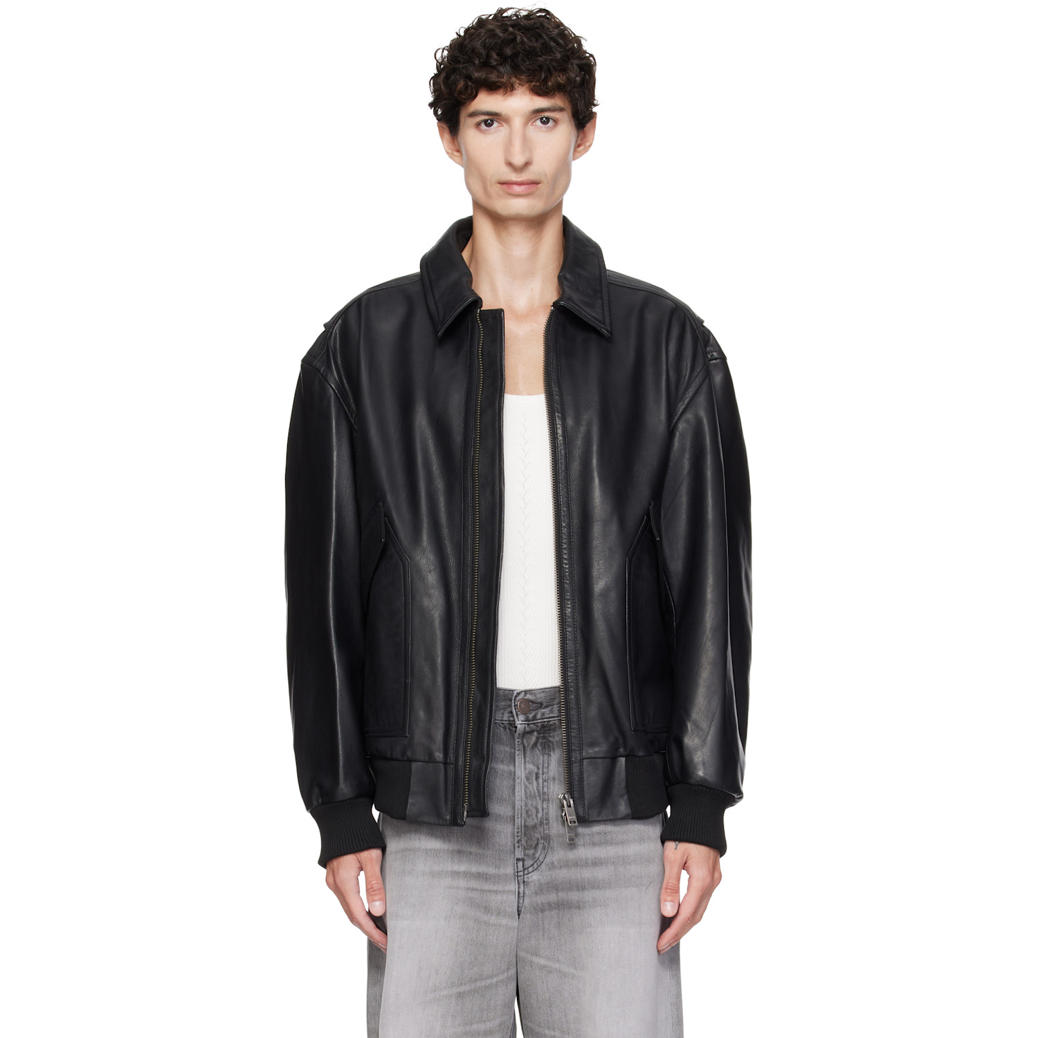 BOSS Black Washed Aviator Leather Jacket