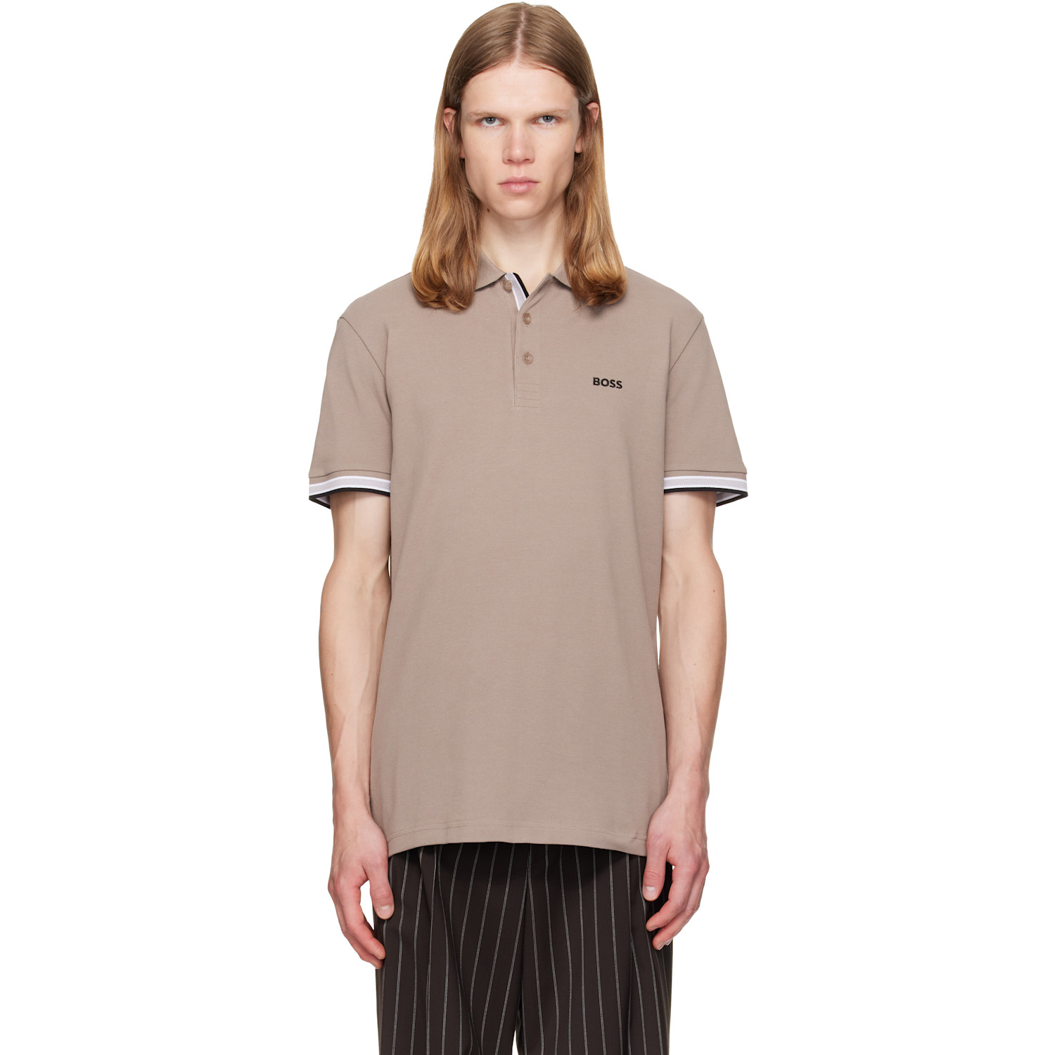 Hugo Boss Taupe Contrast-tipped Cotton Piqué Polo In 336-light/pastel Gre