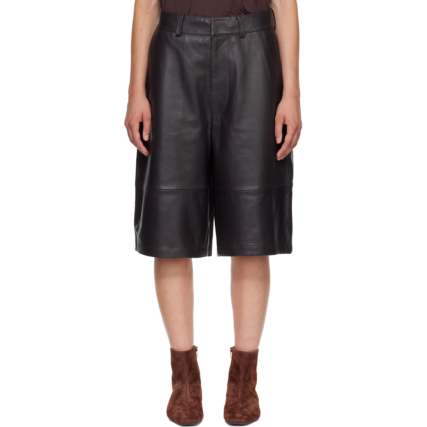 The Frankie Shop Brown Olivia Leather Bermuda Shorts