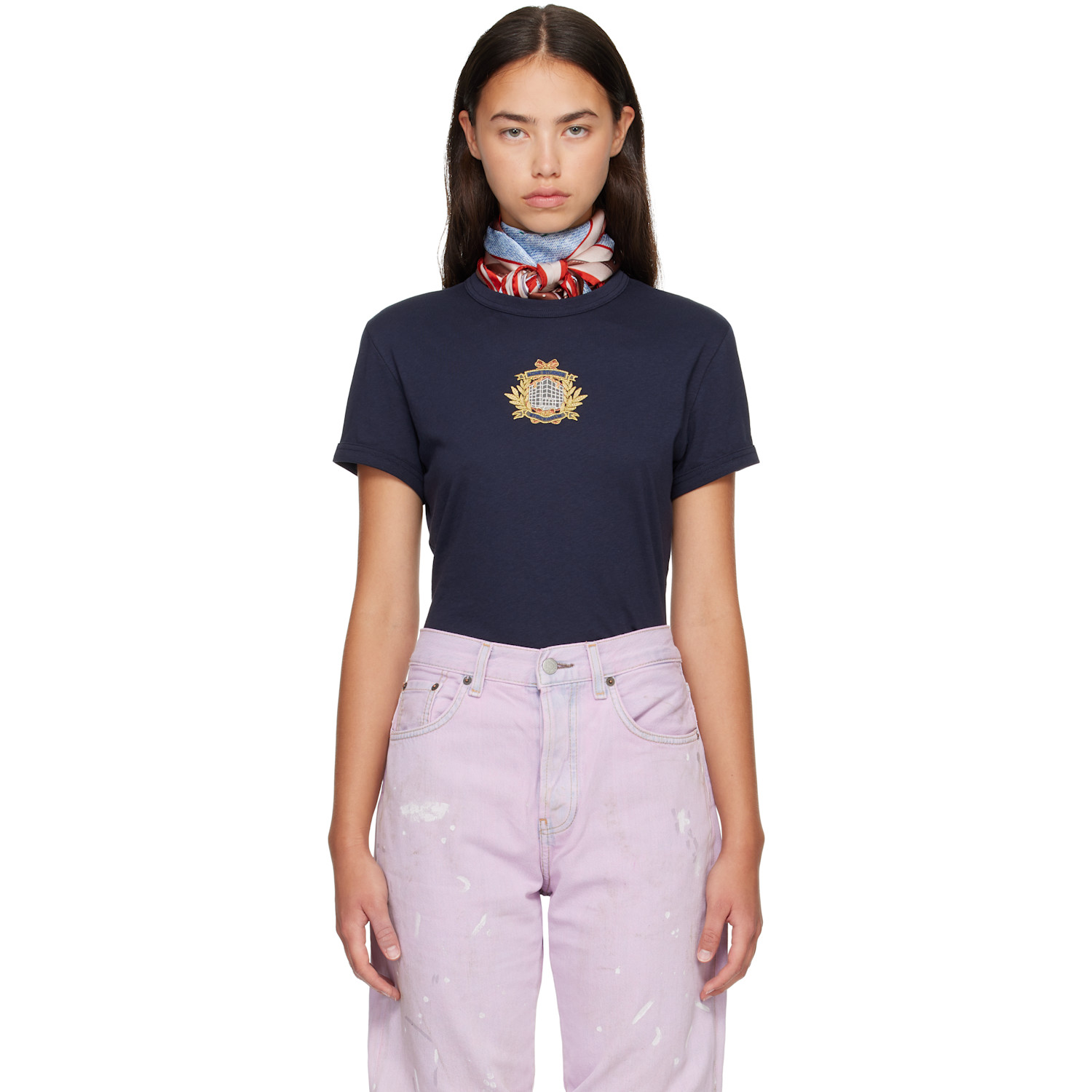Acne Studios Navy Crest Logo T-shirt In 838 Dark Blue