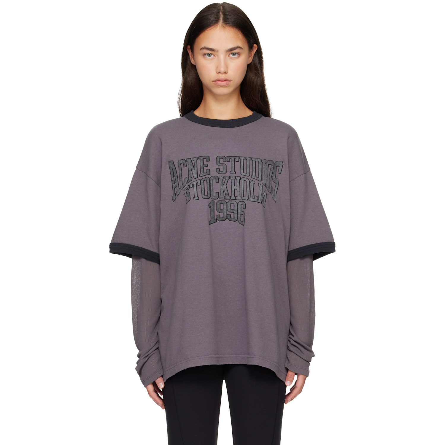Acne Studios Gray Layered Graphic Long Sleeve T-shirt In Avu Dark Purple/blac