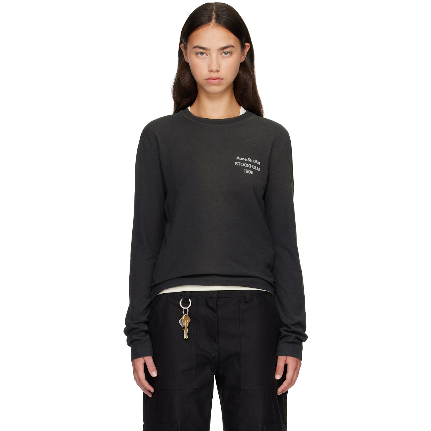 Acne Studios Black Distressed Logo Long Sleeve T-shirt In Bm0 Faded Black