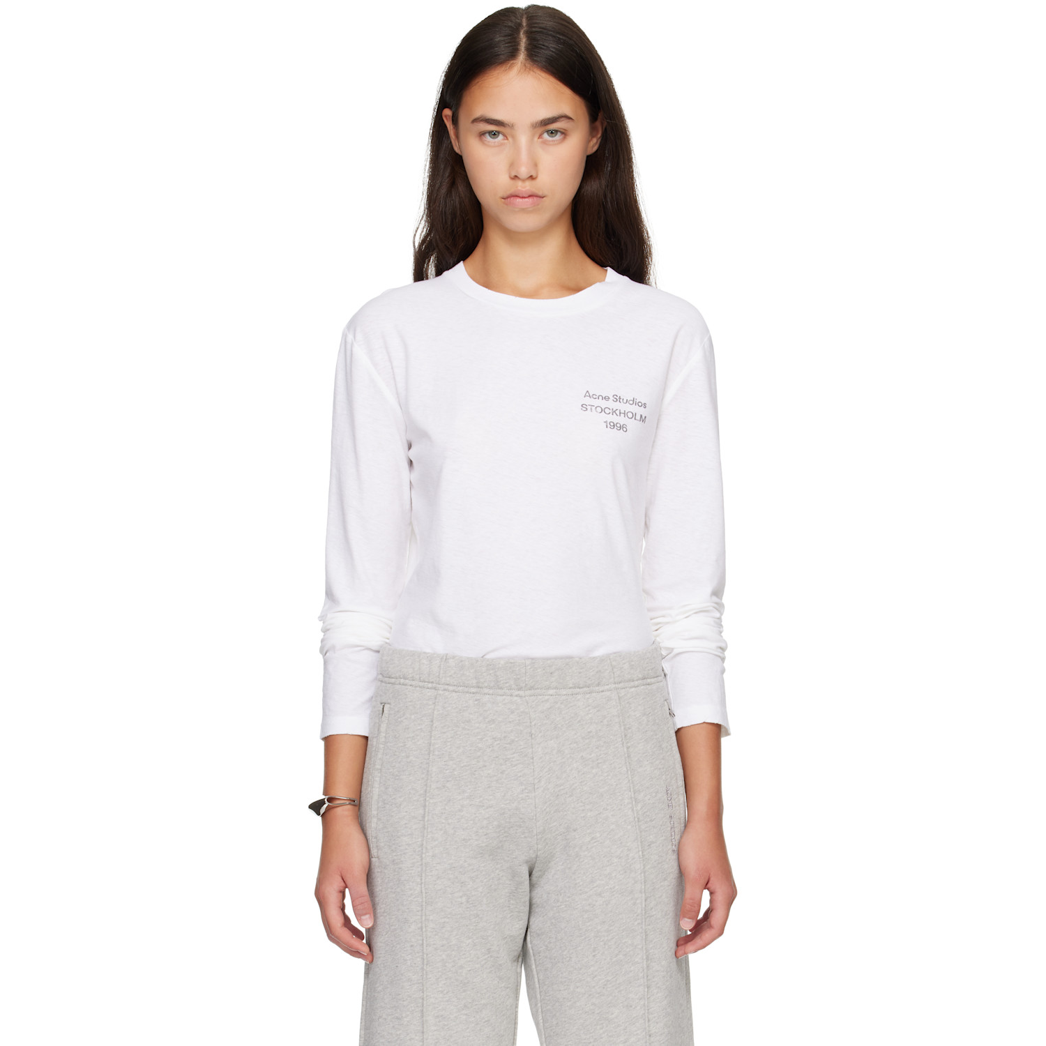 Acne Studios White Distressed Logo Long Sleeve T-shirt In Aeg Off White
