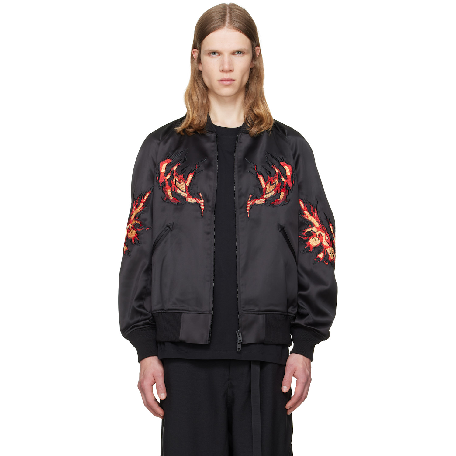 Y-3 Black Embroidered Graphic Satin Souvenir Jacket