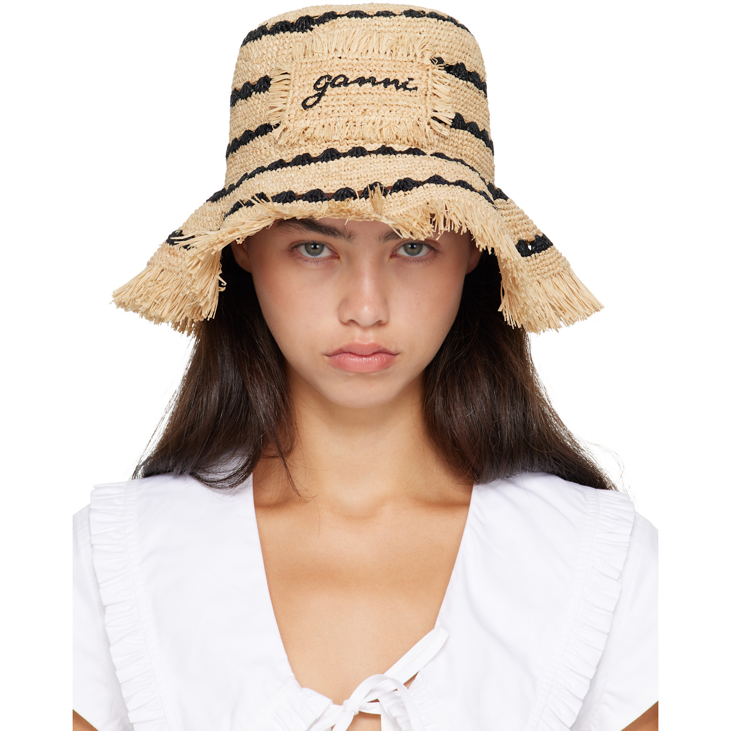 Ganni Tan Striped Raffia Bucket Hat In 999 Multicolour