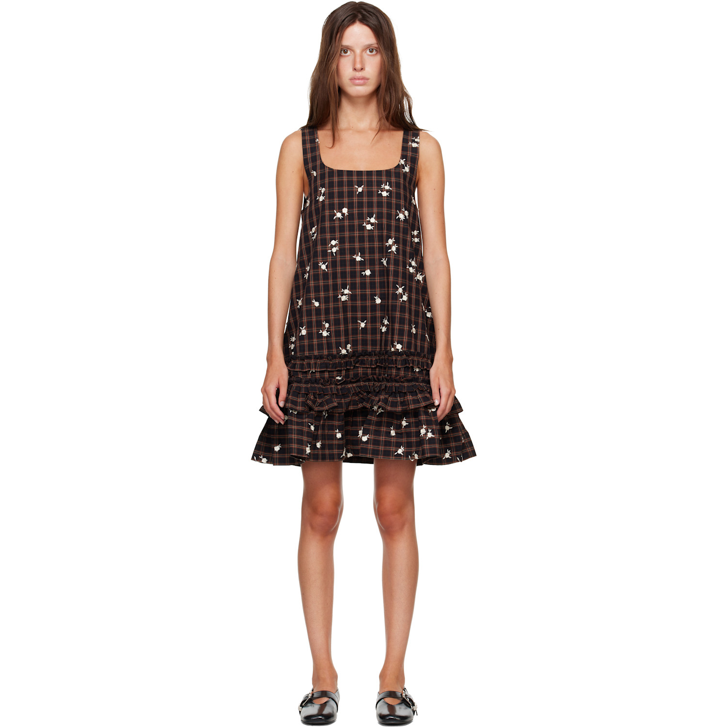 GANNI Brown Printed Check Minidress