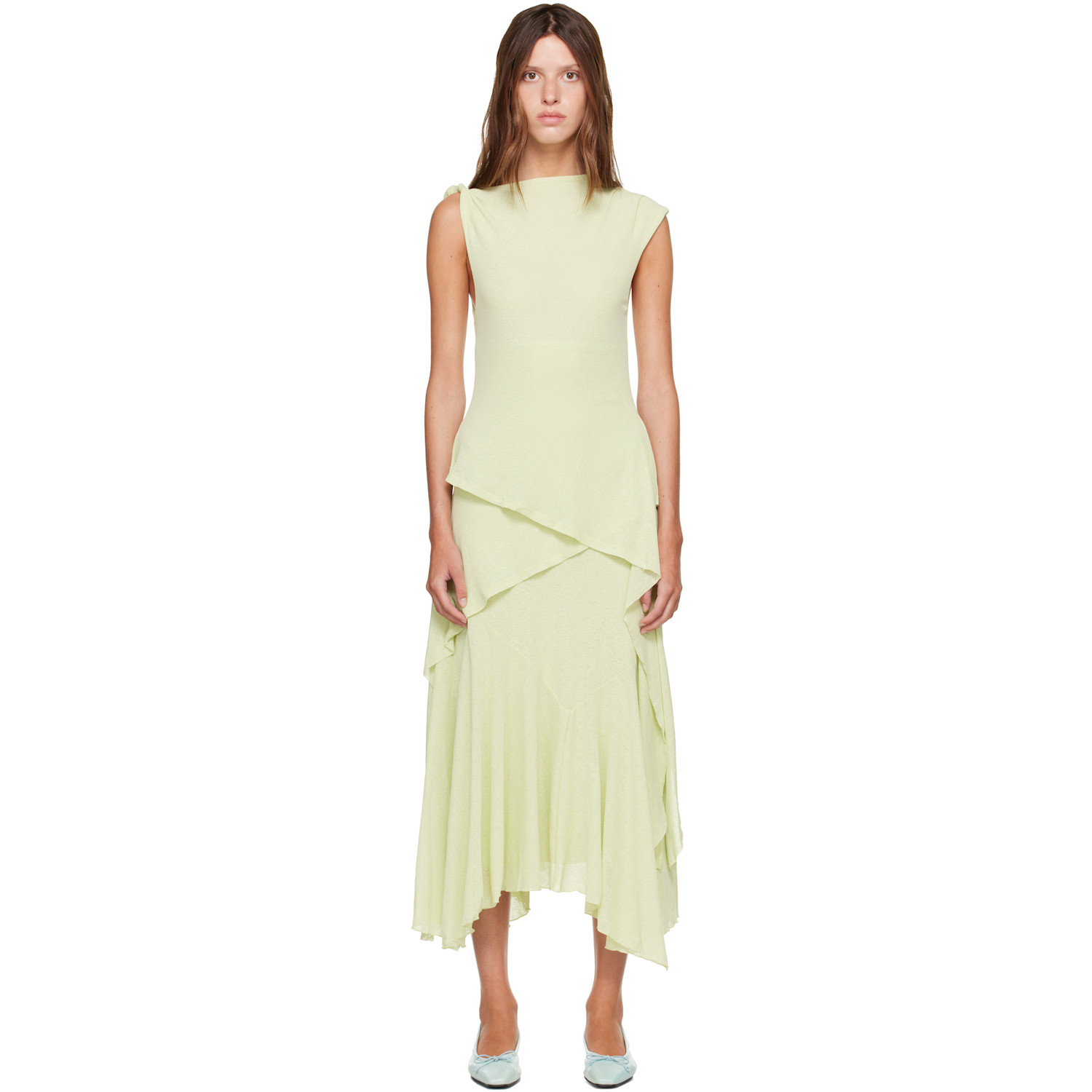 GANNI Green Marl Mesh Draped Knot Detailing Maxi Dress