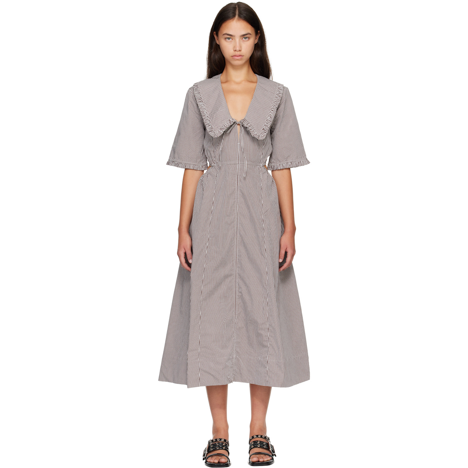 GANNI Brown & White Check Cotton Cut Out Midi Dress