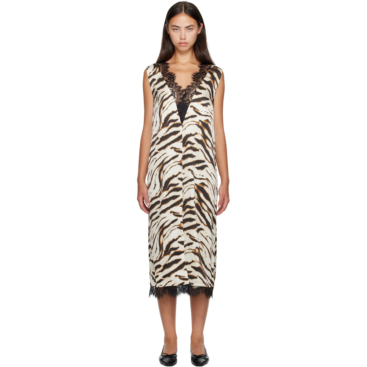 GANNI Off-White & Brown Zebra Satin Midi Dress