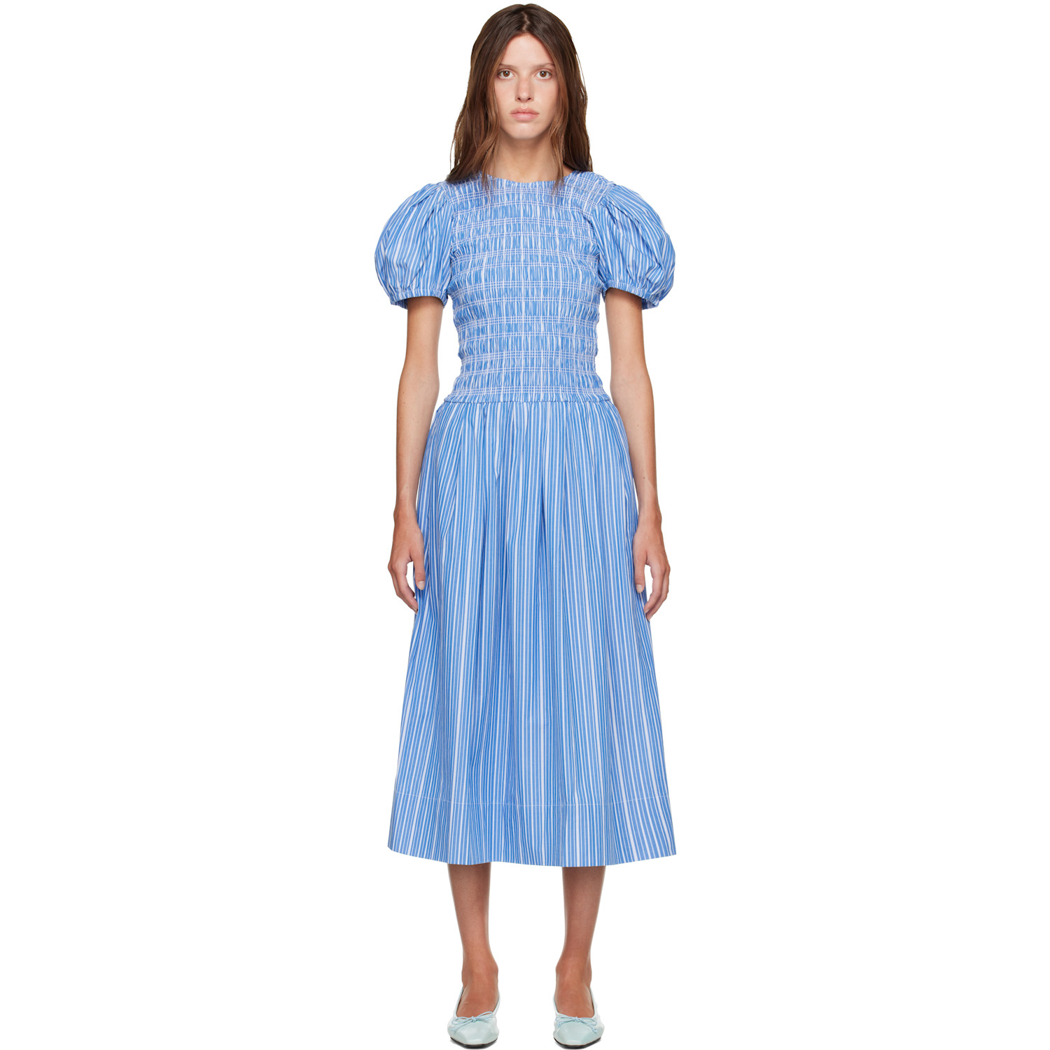 GANNI Navy Striped Cotton Midi Dress