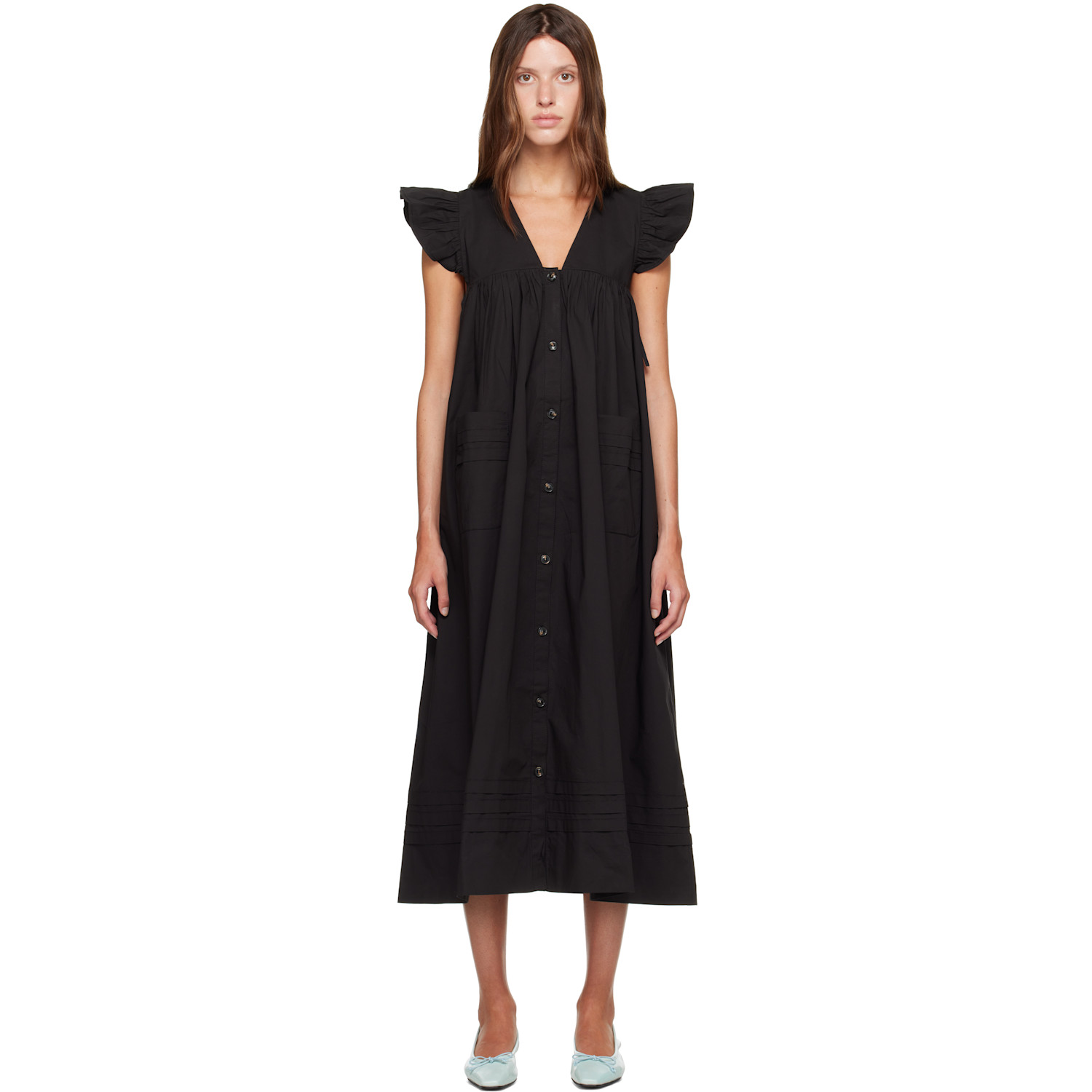 GANNI Black Stretch Cotton Angel Maxi Dress