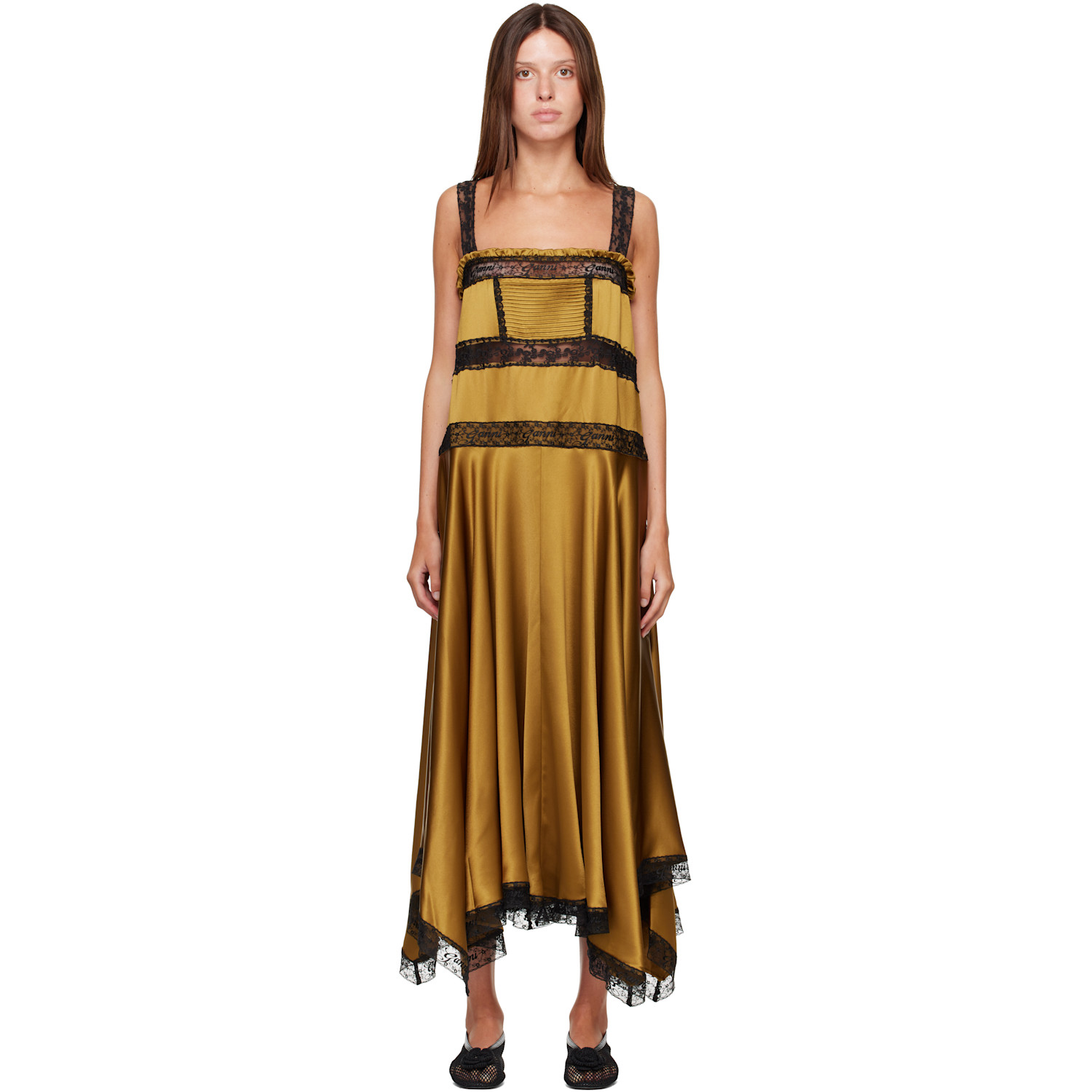 GANNI Khaki Satin Maxi Dress