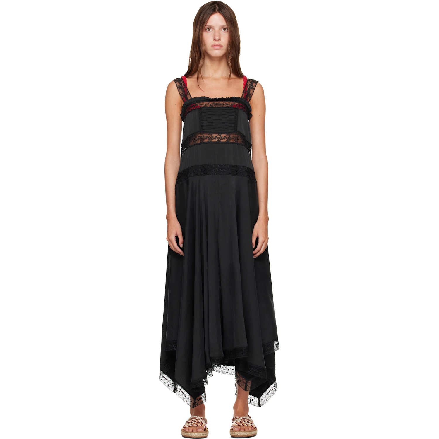 GANNI Black Sandwashed Silk Satin Slip Maxi Dress
