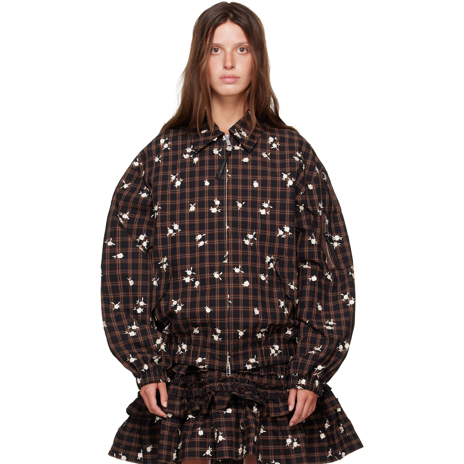 GANNI Brown Printed Check Bomber Jacket