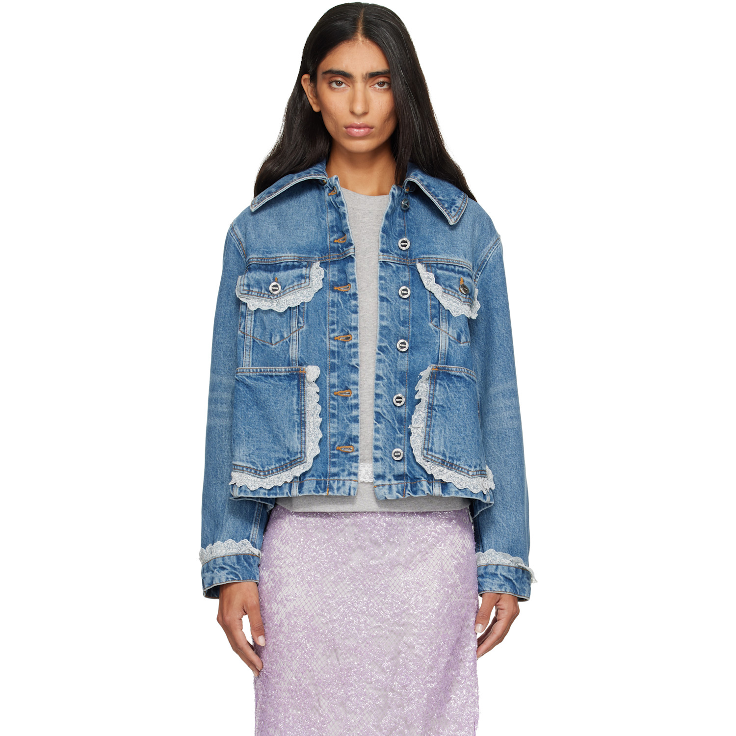 GANNI Blue Rigid Lace Denim Jacket