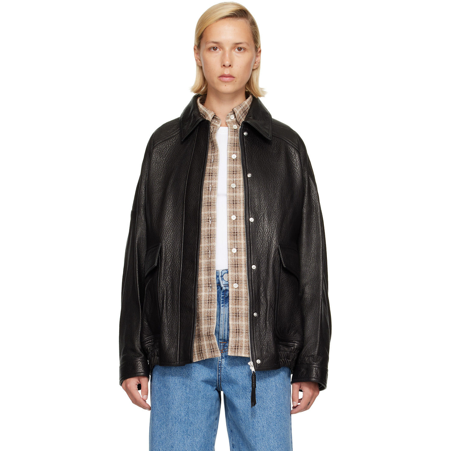 Róhe Black Grain Aviator Leather Jacket