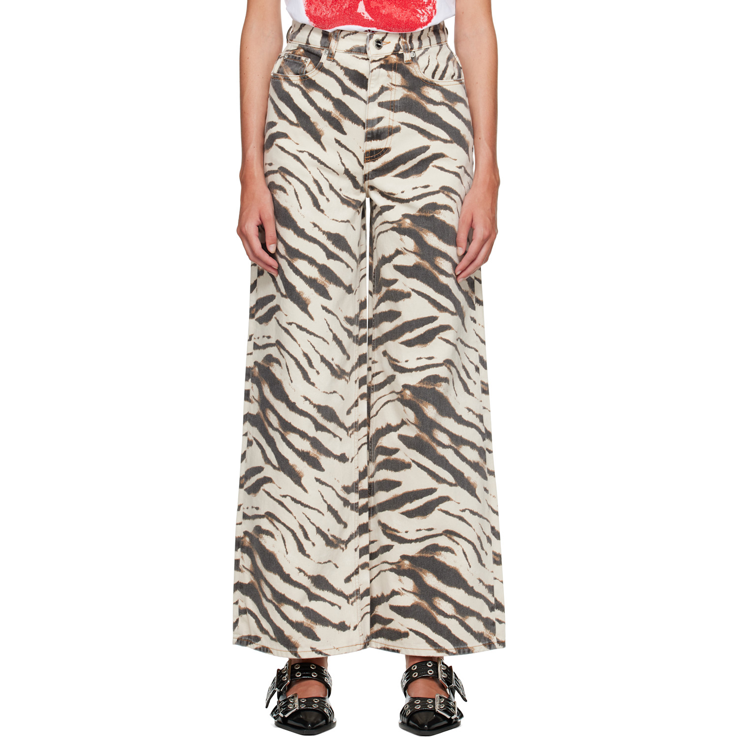 GANNI Beige Lari Wide Zebra Jeans