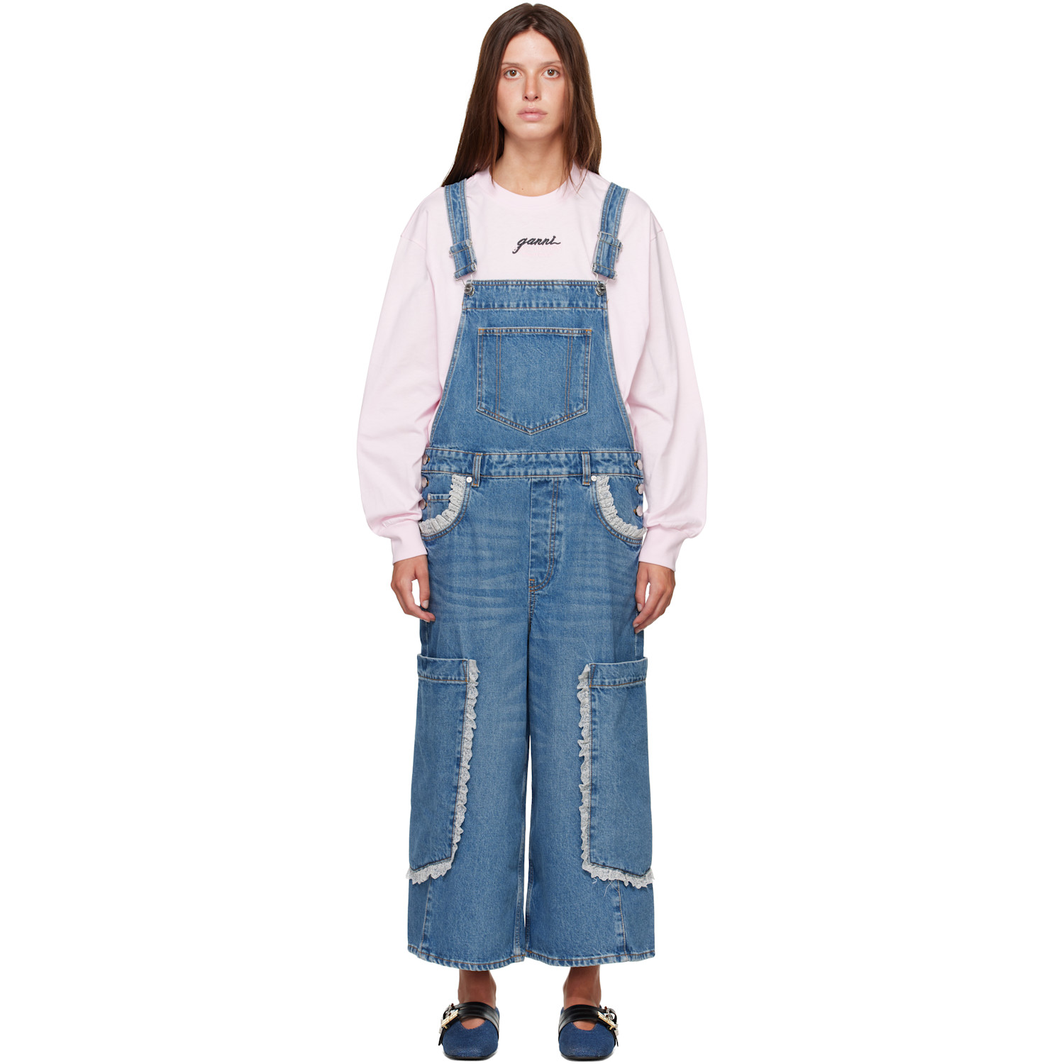 GANNI Blue Cropped Lace Rigid Denim Overalls