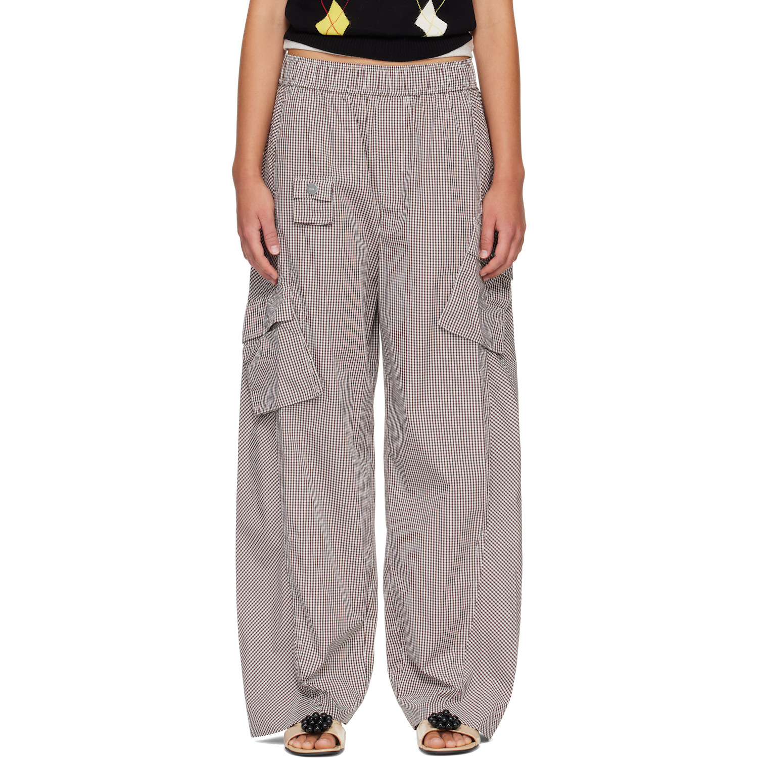 GANNI Brown & White Check Cotton Cargo Pants