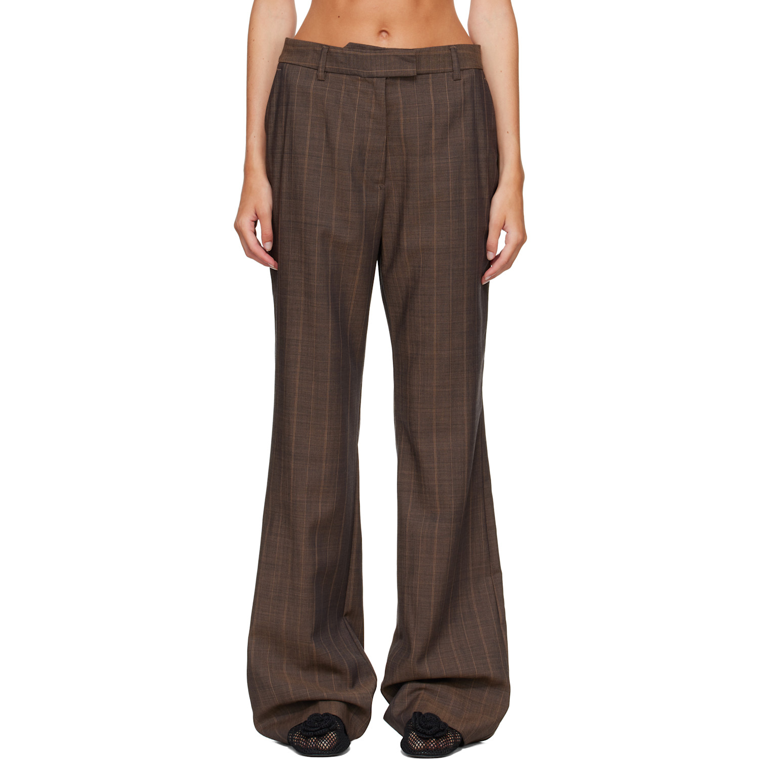 GANNI Brown Pinstripe Wool Trousers
