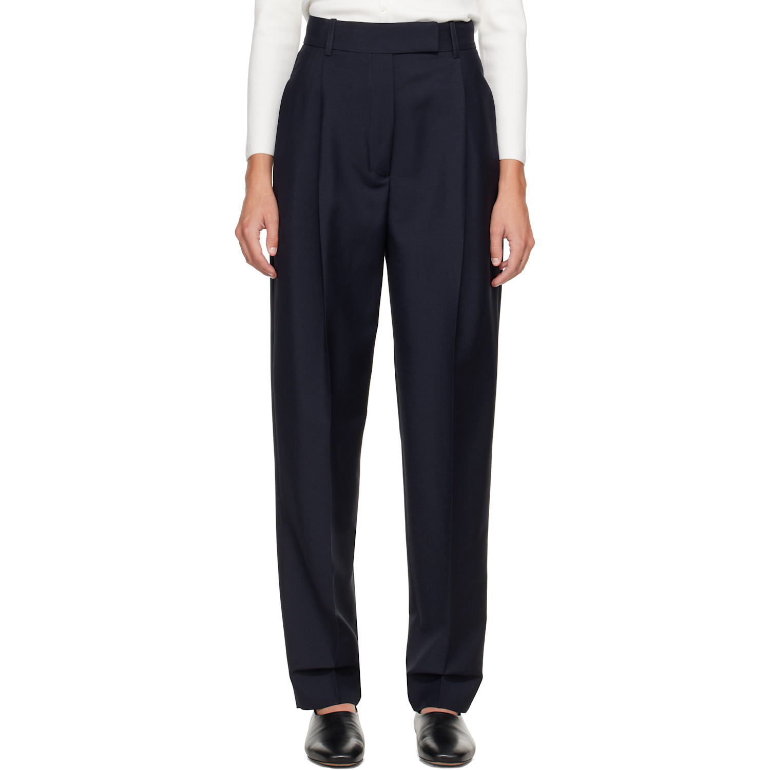 Róhe Navy Daria Single Pleat Tapered Trousers
