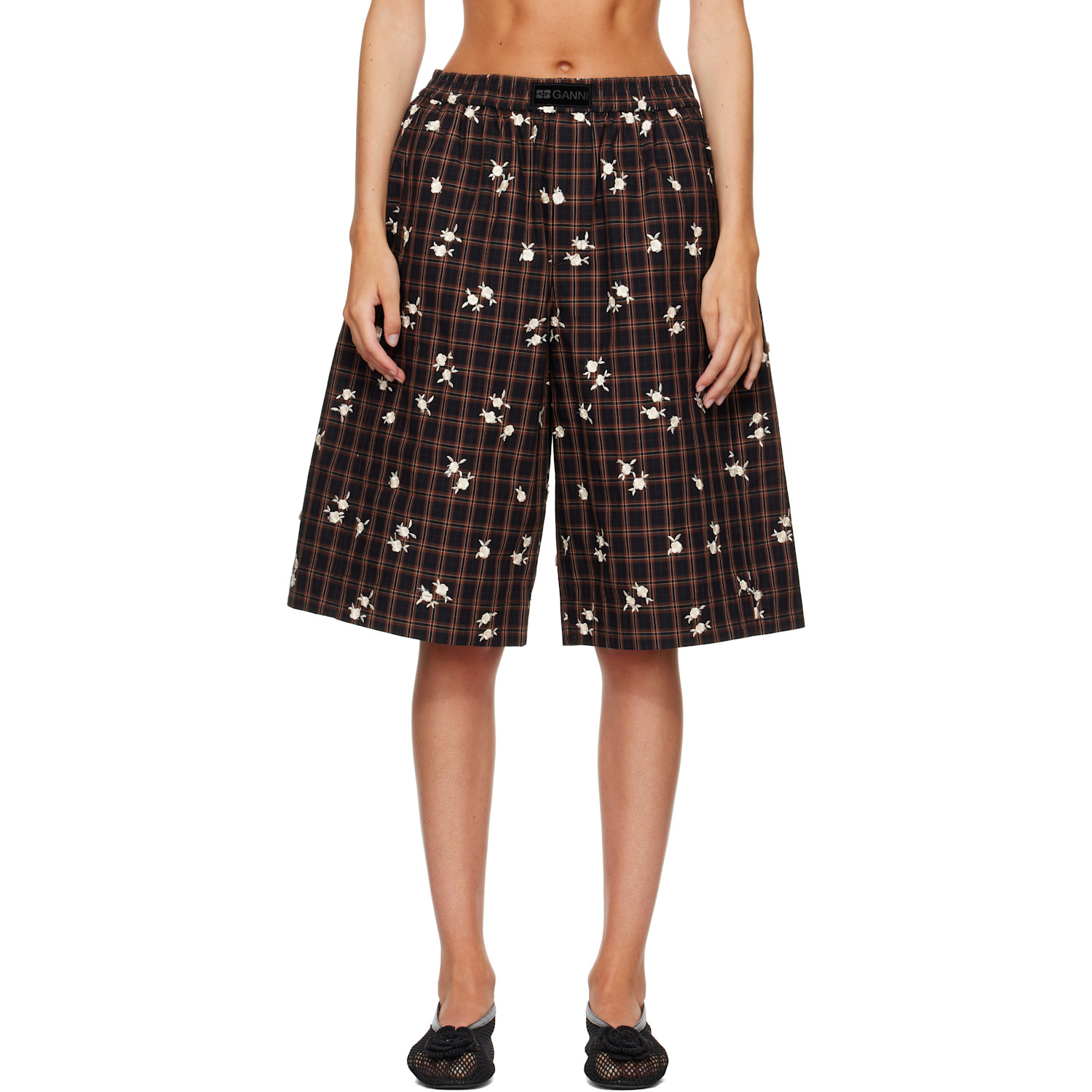 GANNI Brown Printed Check Shorts
