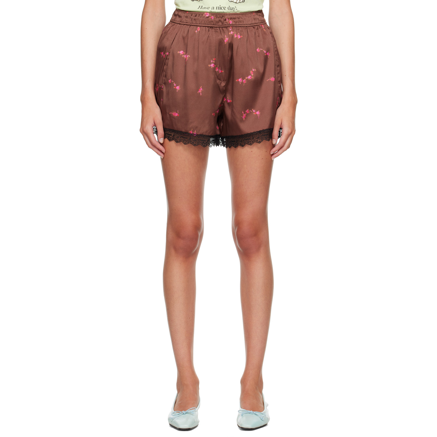 GANNI Brown Printed Sandwashed Silk Satin Lace Hem Shorts