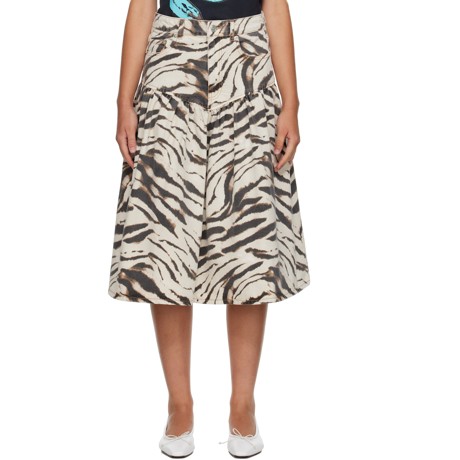 GANNI Off-White & Brown Printed Denim Midi Skirt