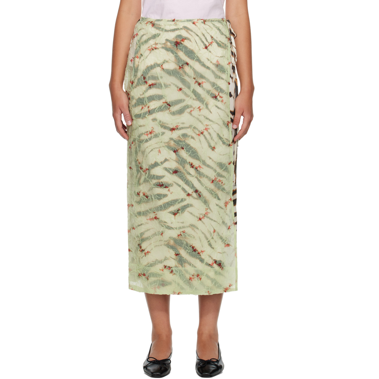 GANNI Off-White & Green Shibori Organza Printed Stretch Satin Maxi Skirt