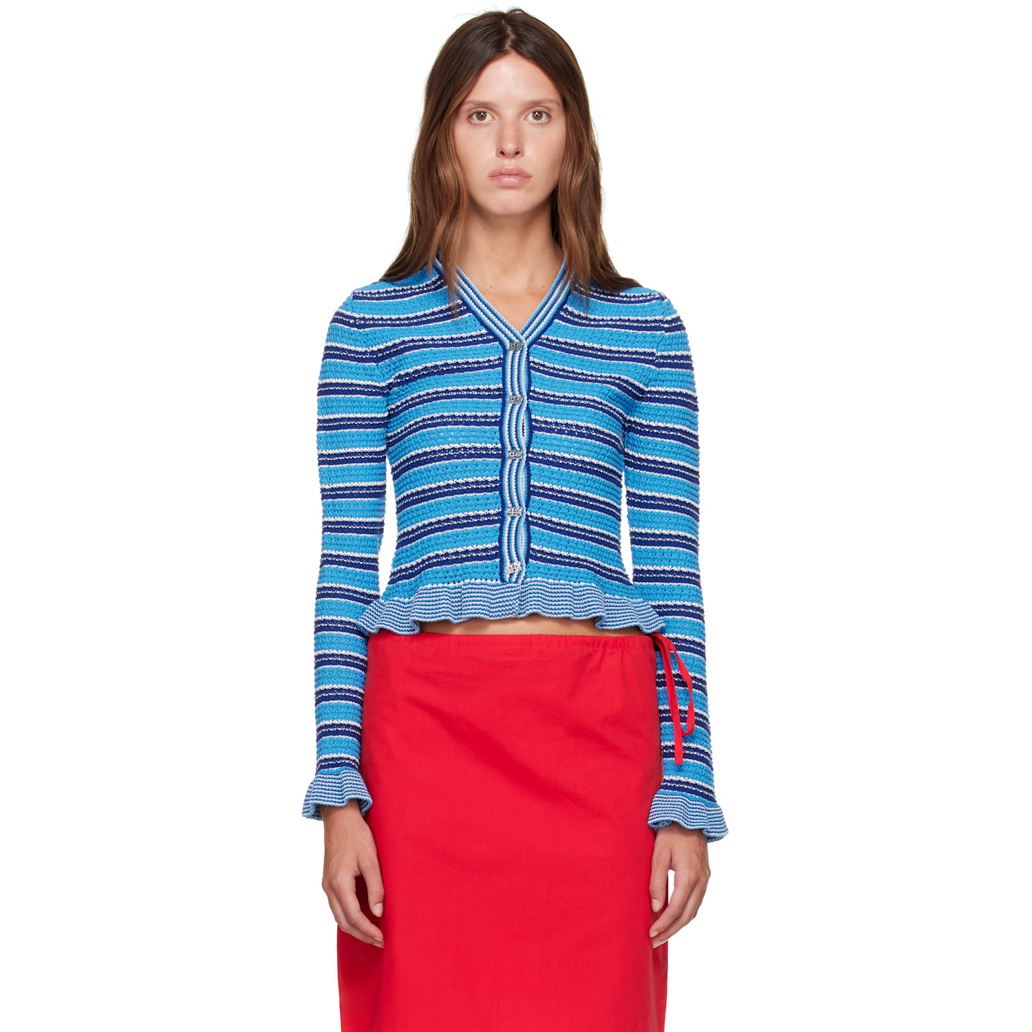 GANNI Blue Cotton Pointelle Stripe Cardigan