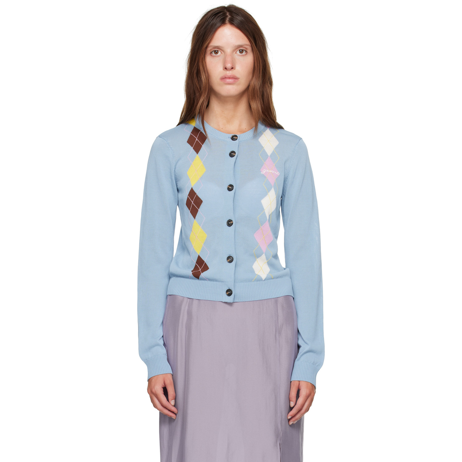 GANNI Blue Argyle Cardigan