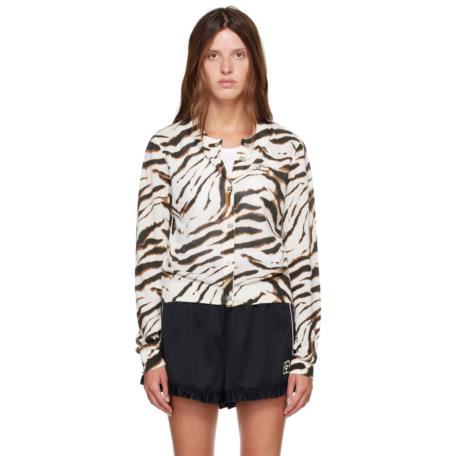 GANNI Off-White Sheer Printed Cotton Cardigan
