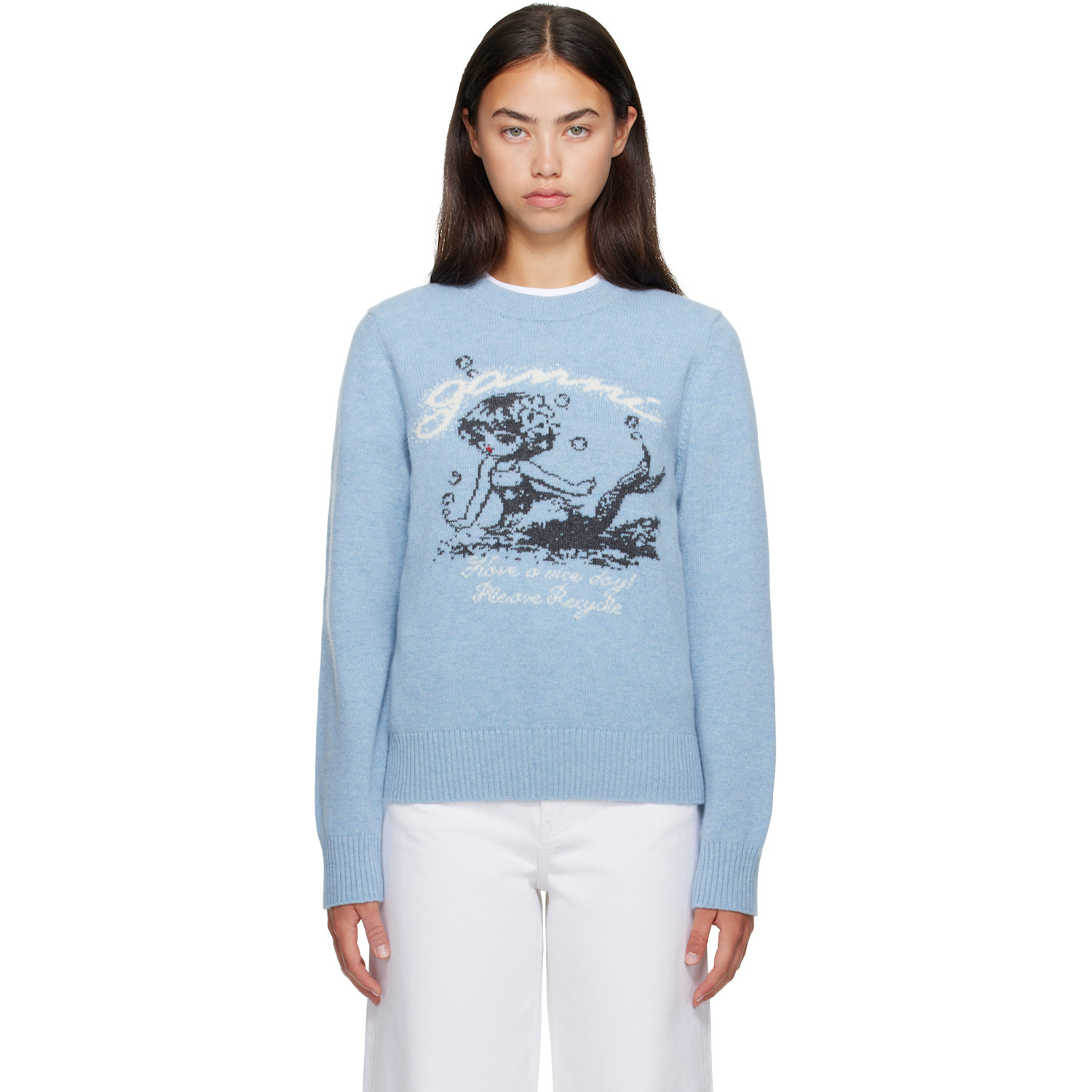 GANNI Blue Mermaid Graphic Wool Sweater