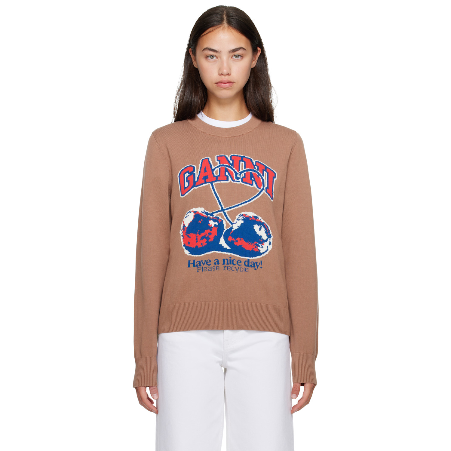 GANNI Tan Cherry Graphic Sweater