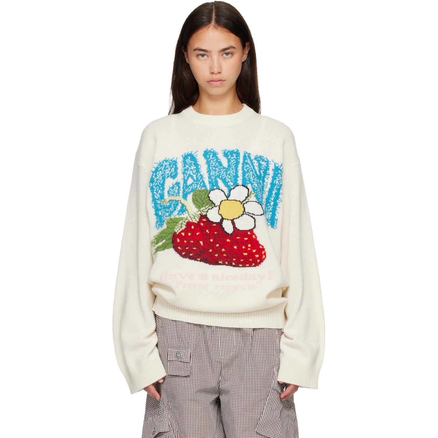 GANNI Off-White Oversized Strawberry Sweater