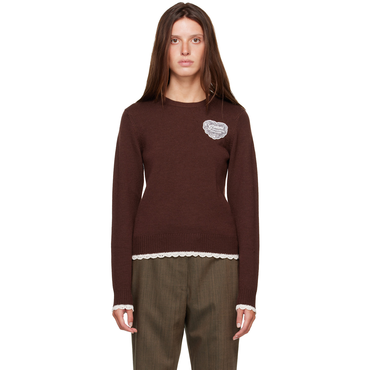 GANNI Brown Crewneck Wool Sweater