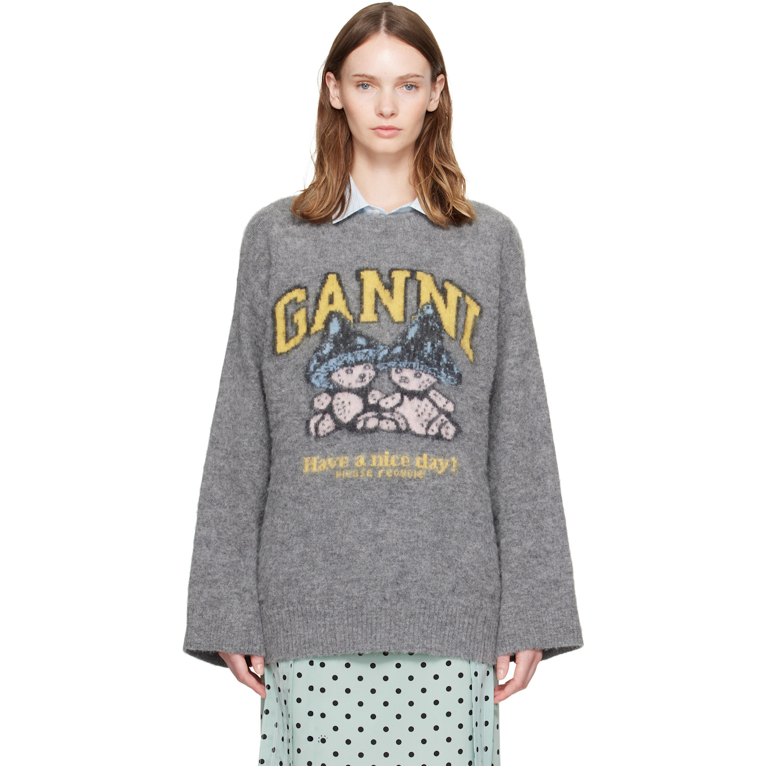 GANNI Gray Brushed Alpaca Mushroom Teddy Oversized Sweater